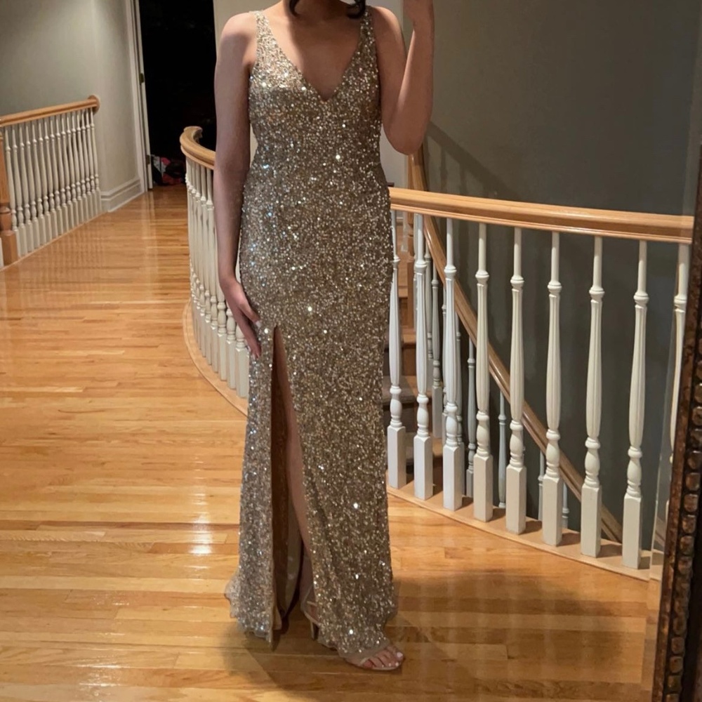 mac duggal sequin champagne gold dress